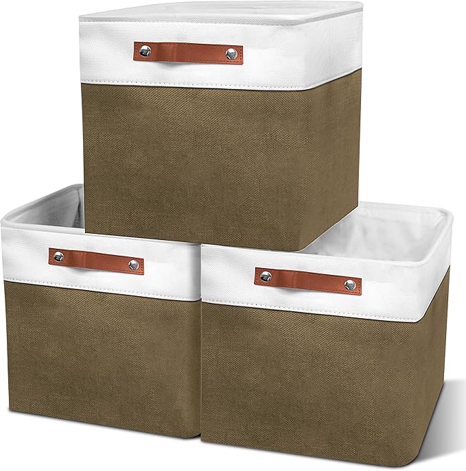 11in Open Fabric Storage Basket with Leather Handles for Organizing, Collapsible Linen Closet Bins for Shelves, Closets, Laundry, Decorative Basket for Gifts. (White＆Brown, 3PCS/11x11in)