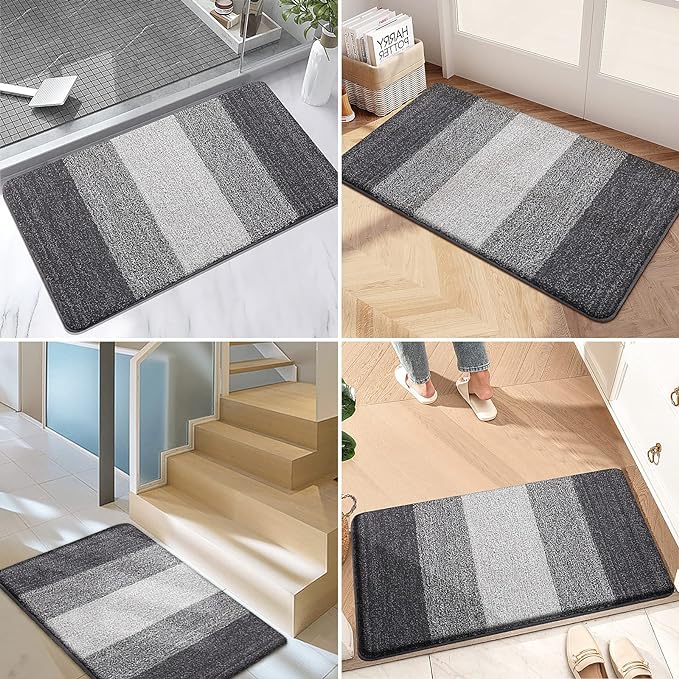 Kitinjoy Indoor Outdoor Door Mat, 30x17 Non-Slip Absorbent Dirt Trapper, Low-Profile Washable Inside Entrance Front Floor Mat, Sturdy Soft Entry Doormats for Entryway, Grey