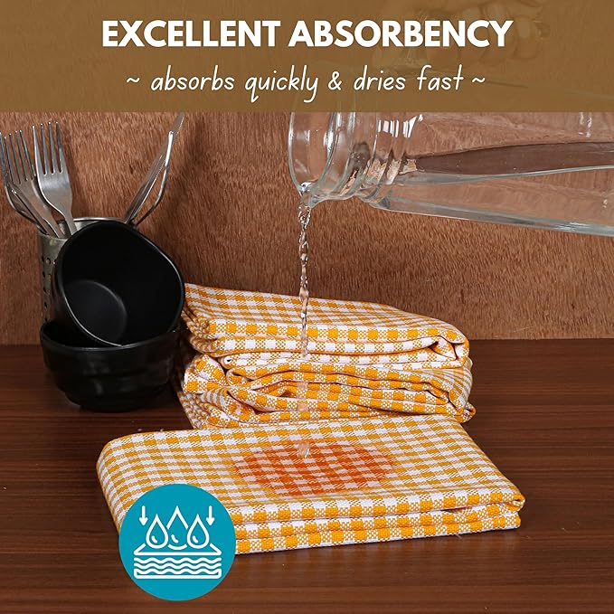 Native Fab 12 Pack Mini Check Yellow Kitchen Towels 16"x26" - Gingham Plaid Cotton Dish Towels - Absorbent Dishcloth Set, Soft Reusable Towel with Hanging Loop - Yellow White