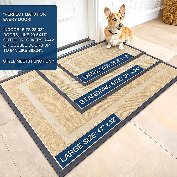 OLANLY Front Door Mat Indoor Outdoor Entrance, Waterproof All-Season, All-Weather Doormat, Sturdy Natural Rubber, Fade Resistant, Low Profile, Easy Clean Patio Porch Entryway Mat, 47x32, Beige