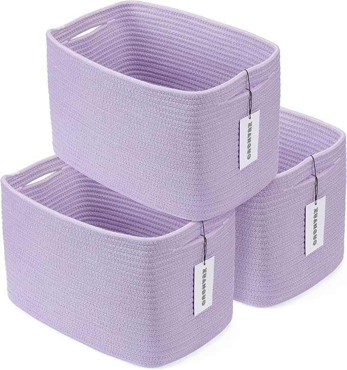 Cotton Rope storage Basket Bins Woven Basket for Organizing Shelves Rectangle Decorative Baskets For storage Clothes Toys Books Towels Square Wicker Nursery basket organizer 3 pack purple lavender