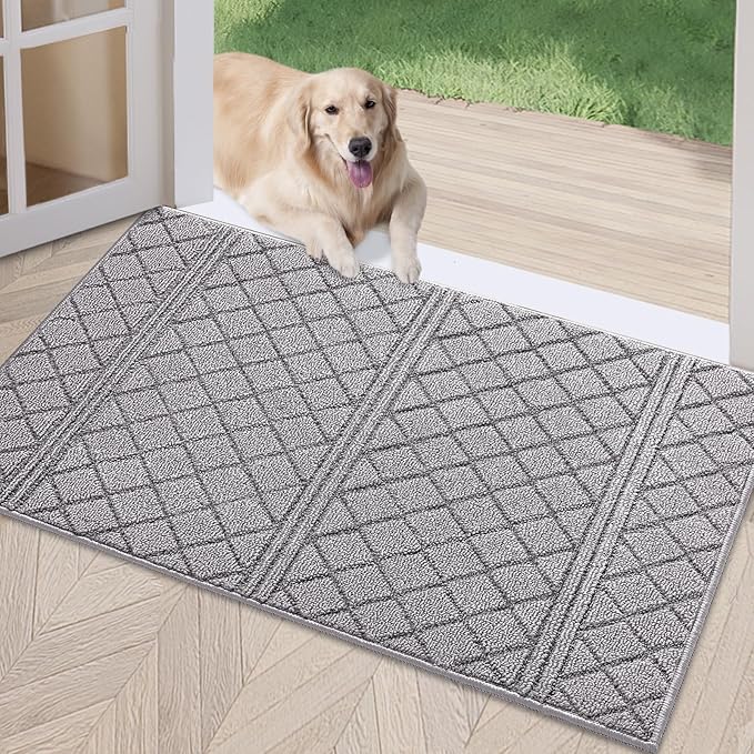 REFETONE Indoor Doormat, Front Back Door Mat 20"x32" Rubber Backing Non Slip Mats, Absorbent Resist Dirt Entrance Rugs for Entryway, Washable Low-Profile Inside Floor Mat for Muddy Wet Shoes, Grey