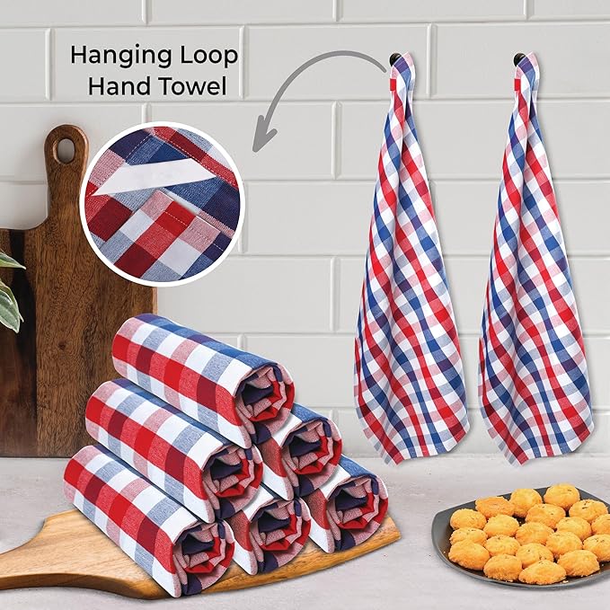 July 4th KitchenTowels Patriotic DishTowels 100% Cotton (Set of 6) 18X28 Inches Highly Absorbent Soft Durable Reusable & Washable Kitchen Towels (Red/Blue/White Buffalo Checks)