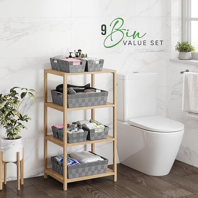 Baskets For Organizing Set Of 9 Dark Grey - Storage Baskets For Shelves - Perfect Closet Organizer Bins, Bathroom Basket, and Pantry Basket - Small Storage Bins For Shelves - Bin For Organization