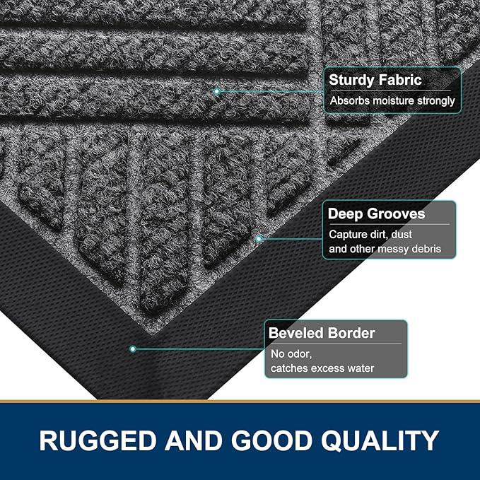 Smiry Front Door Mat Outside Entrance, Heavy Duty Outdoor Indoor Mat, Natural Rubber Doormat, Non Slip, Trap Dirt and Moisture, Easy Clean, Low Profile Patio Porch Entryway Mat, 59x35, Light Grey