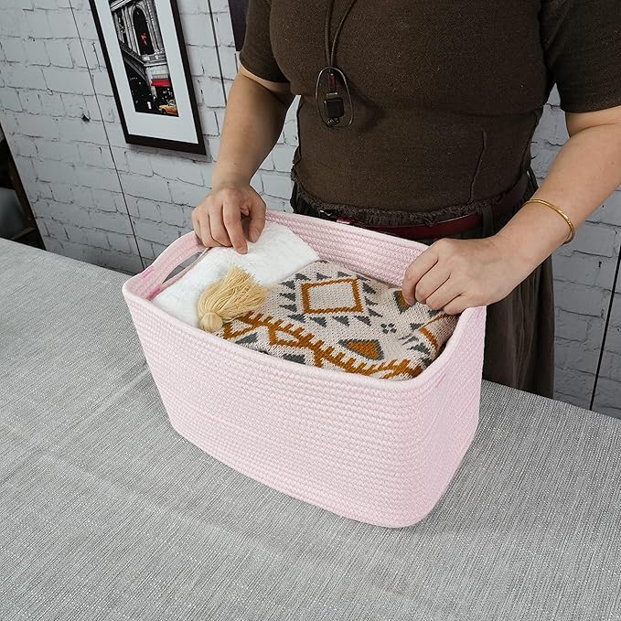Cotton Rope storage Basket Bins Woven Basket for Organizing Shelves Rectangle Decorative Baskets For storage Clothes Toys Books Towels Square Wicker Nursery basket organizer 3 pack light pink